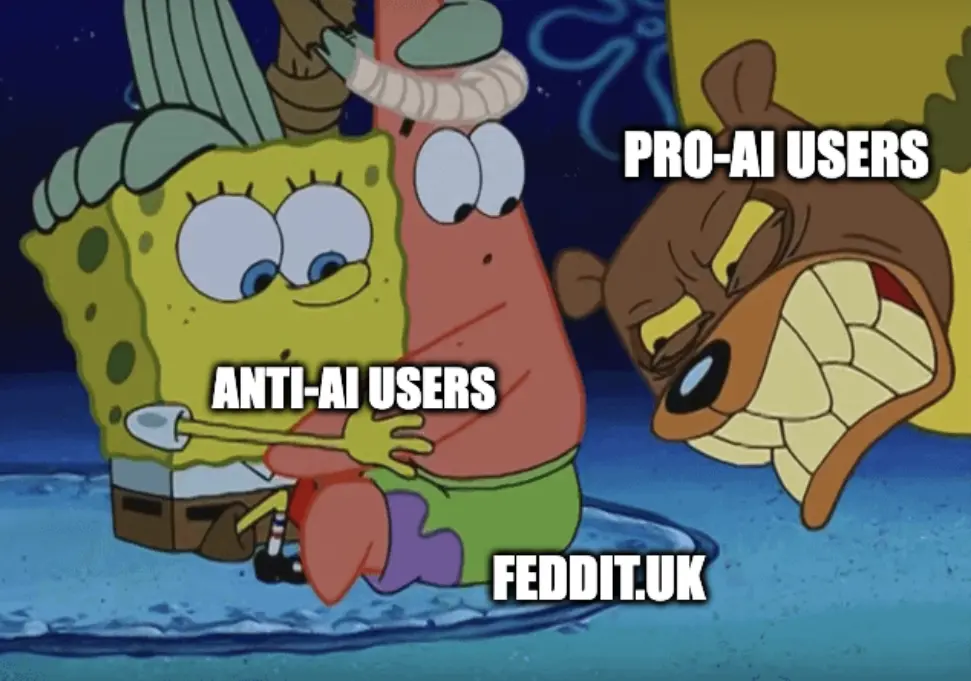 Anti-ai users protected by circle line "feddit.uk" in the sand from bear pro-ai users.