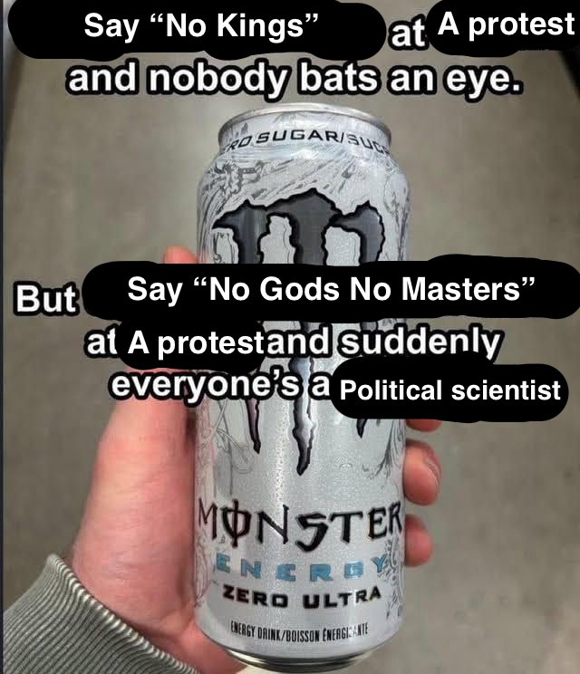 'Say "No KIngs" at a protest and nobody bats an eye. but say "No Gods, No Masters" at a protest and suddenyl everyone's a political scientist'