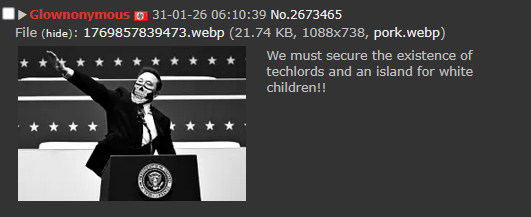 A /leftypol/ screenshot, with an attached grayscale image of Elon Musk performing a Nazi salute on stage while wearing a skull balaclava. The text says "We must secure the existence of techlords and an island for white children!!"