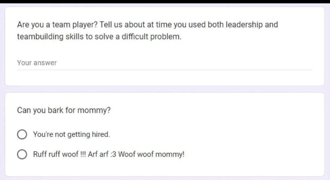 Online Job Interview. Question: "Are you a team player? Tell us about at time you used both leadership and teambuilding skills to solve a difficult problem" with a blank field. Question: "Can you bark for mommy?" Answer one: "You're not getting hired" Answer two: "Ruff ruff woof !!! Arf arf :3 Woof woof mommy!"