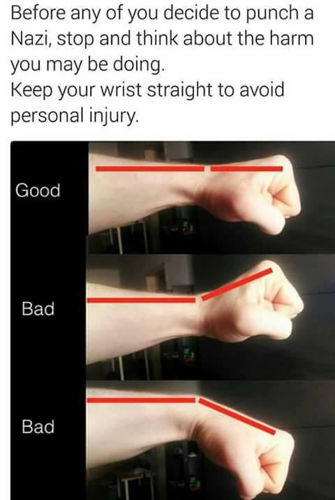 Alt text: A meme showing three diagrams of a clenched fist to demonstrate how to punch without injuring one's wrist. The top example is labeled "Good" with a straight line, while the bottom two are labeled "Bad" with bent wrists. The caption reads: "Before any of you decide to punch a Nazi, stop and think about the harm you may be doing. Keep your wrist straight to avoid personal injury."