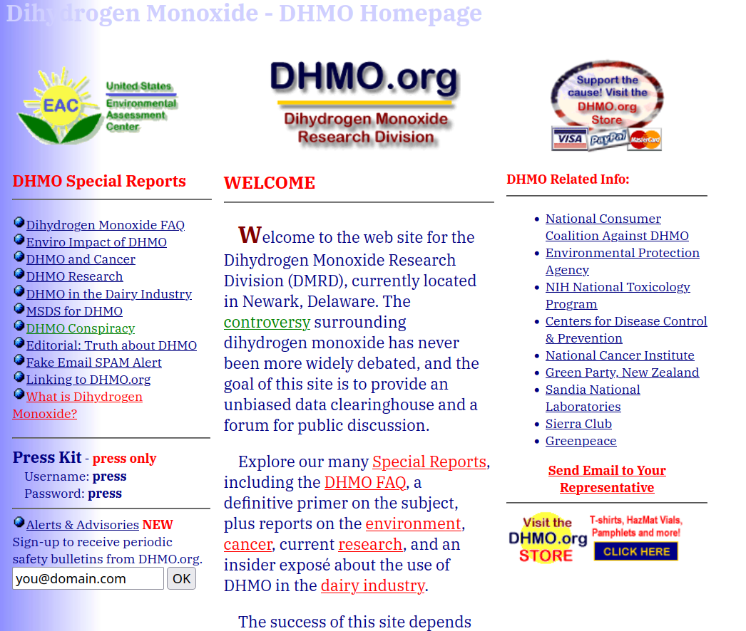 Screenshot of the DHMO.org homepage, a long-running parody site warning about "dihydrogen monoxide" (water), with a retro late-90s layout.