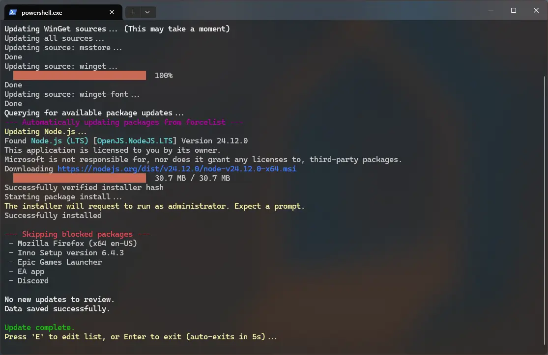 Screenshot of the WinGet Updater terminal window running automatic installs.