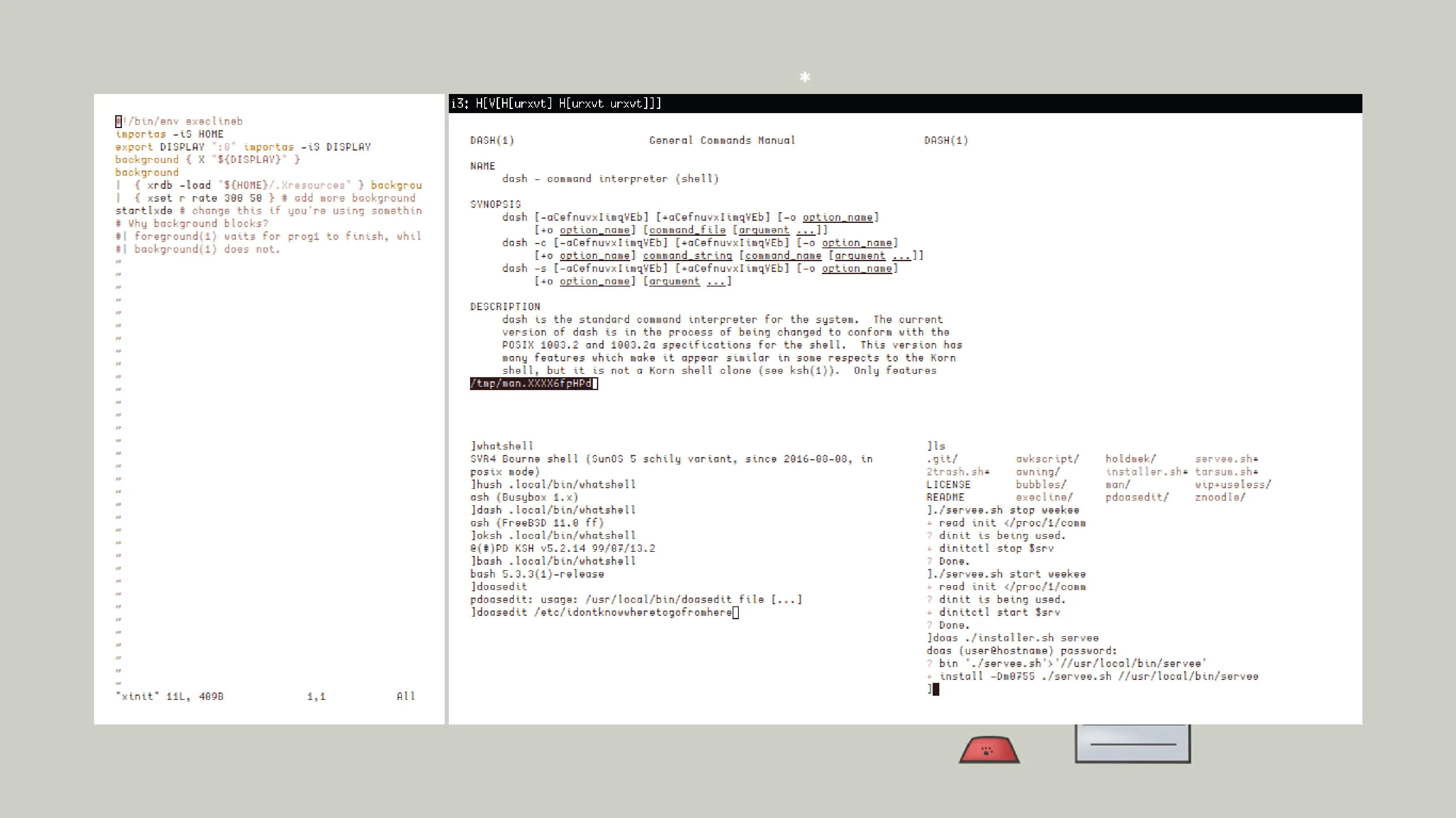 The i3 window manager with various rxvt-unicode terminals open. The main topic in the terminals are shell scripting.