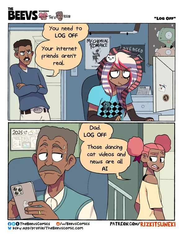 A two-panel comic titled "Log Off." In the first panel, a father tells his daughter, who is at her computer, to log off because her internet friends aren't real. In the second panel, the daughter tells her father to log off because his news and cat videos are all AI.